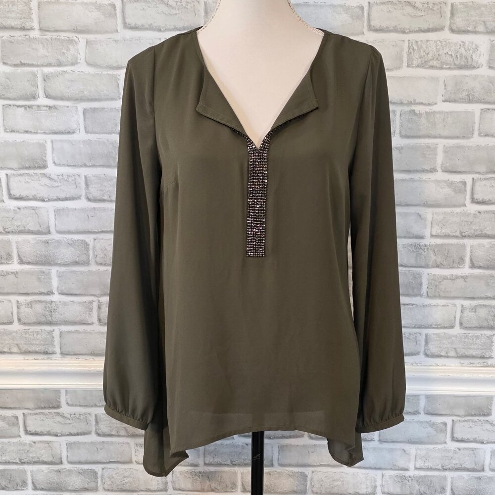 Juicy Couture Chiffon Tunic Blouse Rhinestones Flowy Green Glam Elegant Medium